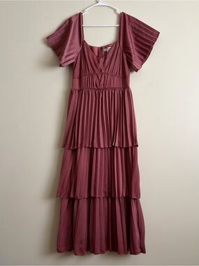 Berry color pleated tiered satin maxi dress with flutter sleeves.